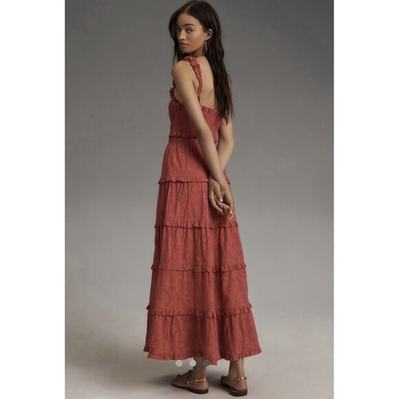 Anthropologie Sleeveless Square Neck Ruffle Tiered Midi Dress Sz Sm Pink - Picture 3 of 9